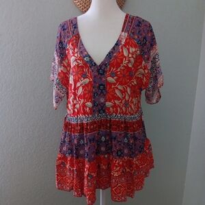 Coco + Carmen Red and Purple Floral Patchwork V-Neck Tunic